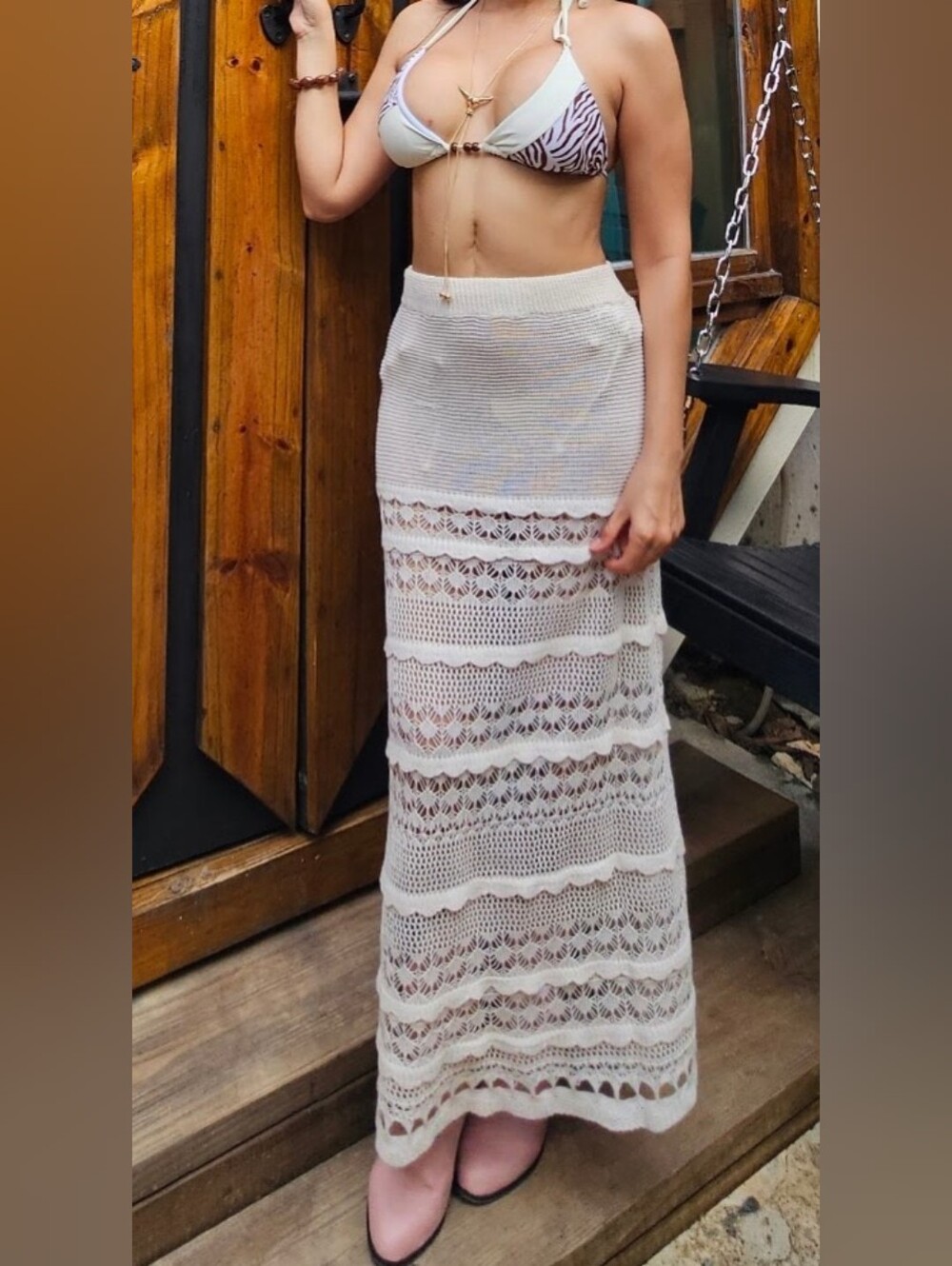 White Crochet Bikini Cover Up Knit Maxi Skirt - Picture 1 of 3